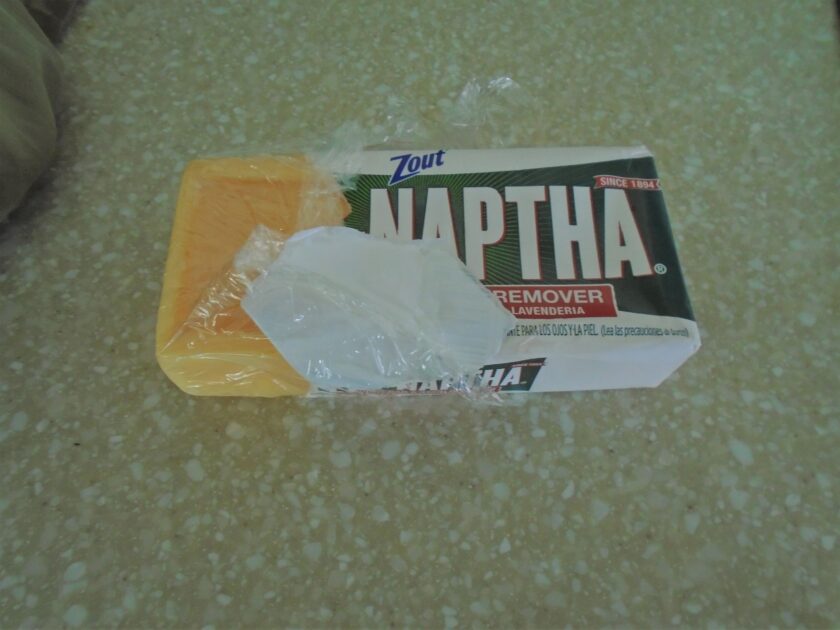 Fels-Naptha soap bar wrapped with plastic.