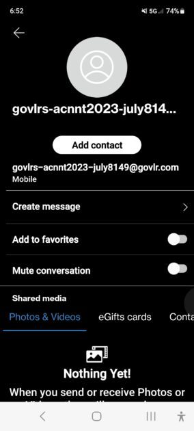 Fake IRS text message. Sent from the following email address: govlrsacnnt2023july8149@govlr.com