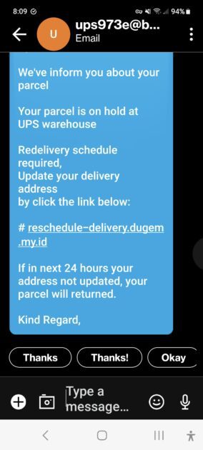 2nd half ot the scam text message regarding a resheduleing of a UPS delivery.