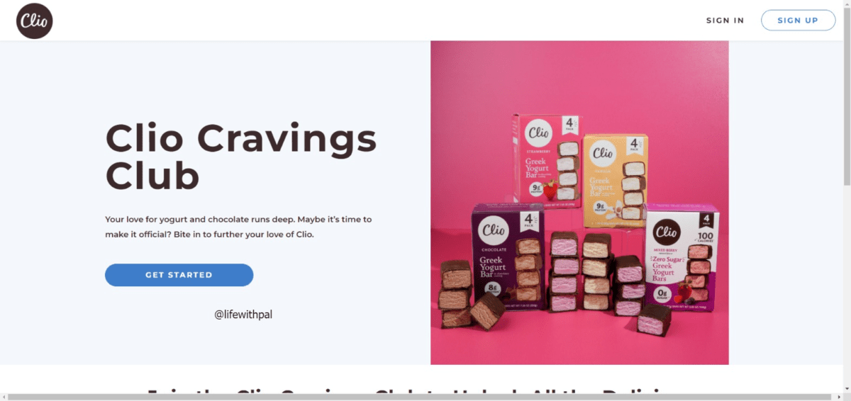 Screenshot of Welcome home page for Clio Cravings Club.