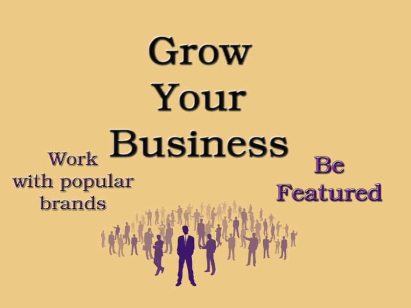 Grow your business banner. Black text Grow your business with purple text Be featured. Navy text ork with popular brands. Navy shapes of people. Created by Vanessa using Photoshop CS4.