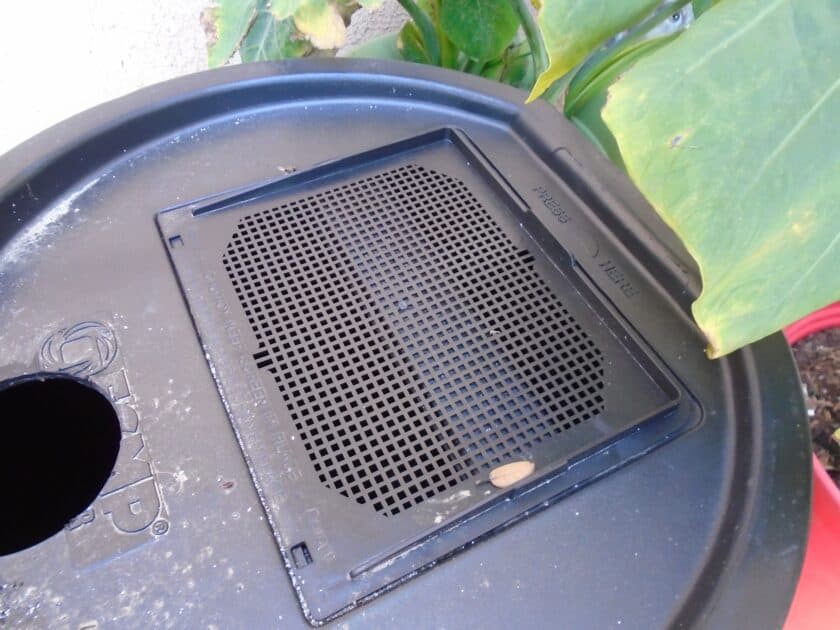The rain barrel has a plastic mesh screen to keep out leaves.