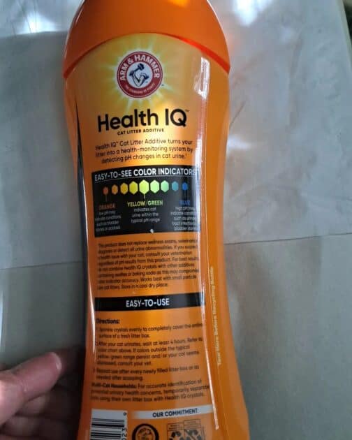 Back of the Health IQ litter additive bottle.