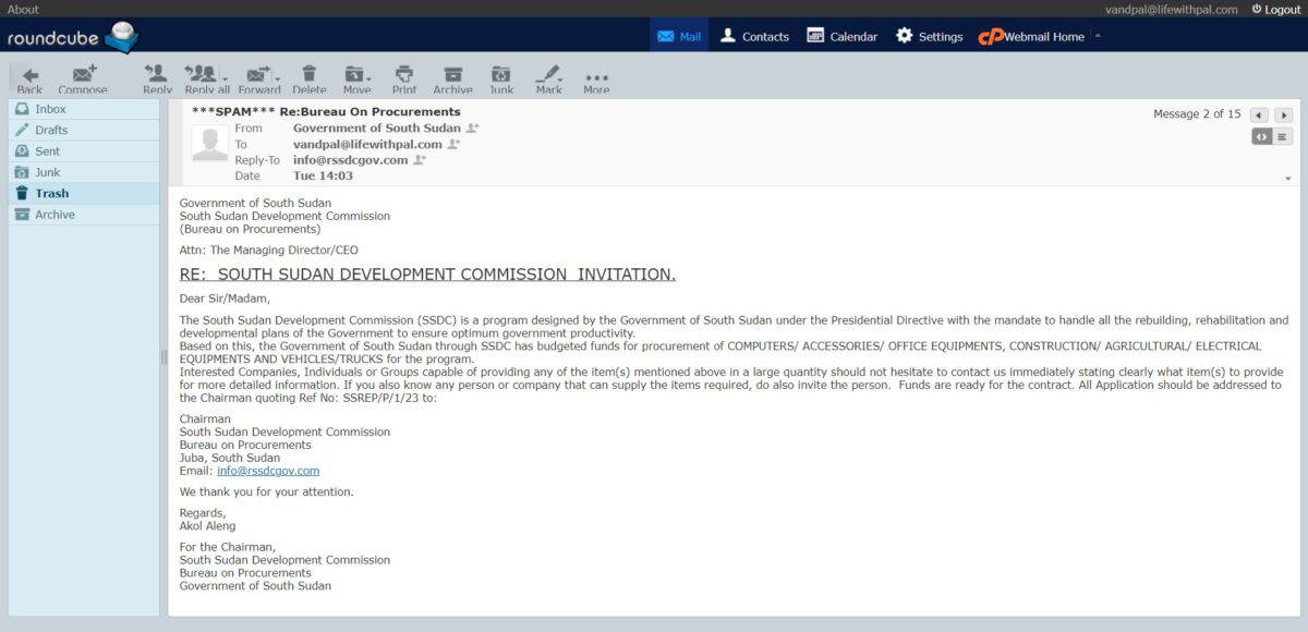 Email from South Sudan development commision. Possible scam.