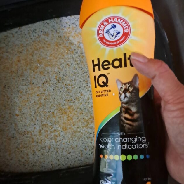 Testing the Health IQ crystals in the litter box. Sample bottle.