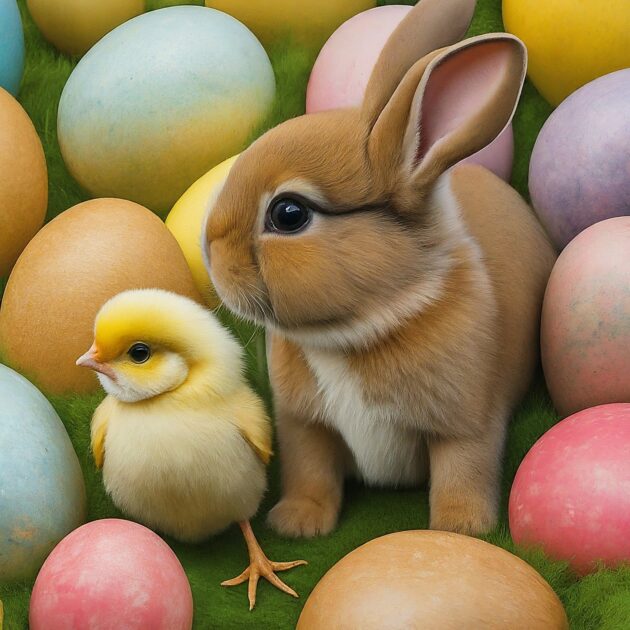 image_fx_a_bunny_and_chick_surrounded_by_easter_eggs. Image created using Image FX by Google.