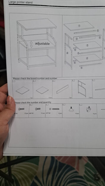 printer cart directions sheet how to assemble chart and supplies included in box.