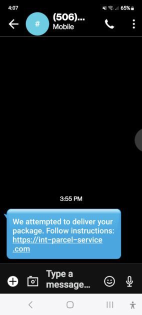 Delivery scam text. Mesage reads as follows: We attempted to deliver your package. Follow instructions: https://int-parcel-service.com