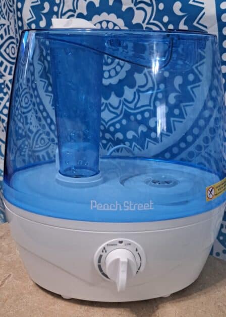 Peach street humidifier on a table. Blue tank with white base.