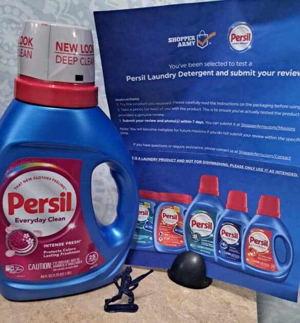 Persil intesne fresh detergent bottle with Shopper army info sheet and a plastic army man.