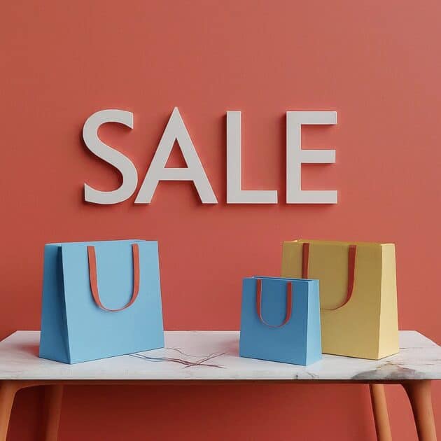 Red wall with the word SALE in white text. Colorful shopping bags on a table. Image created using Image FX.