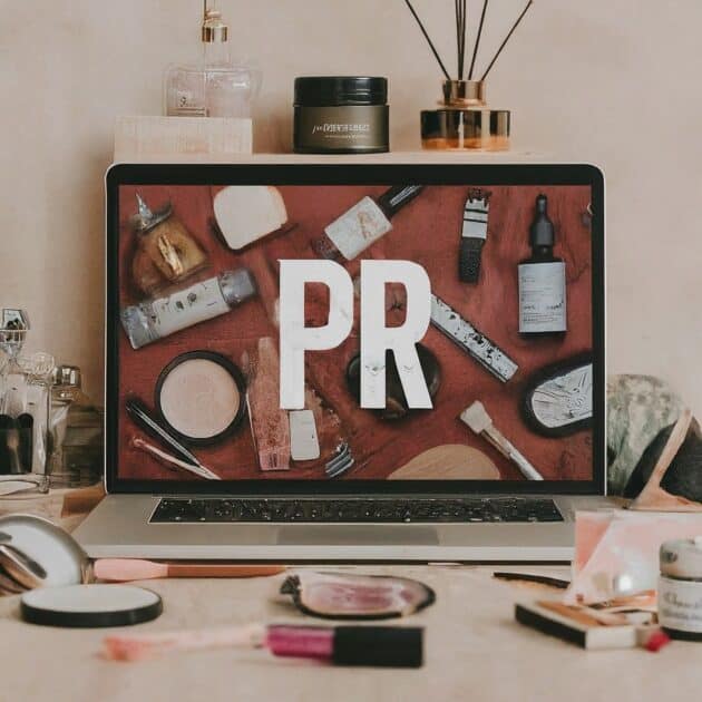 A laptop screen with the text PR displayed on it. With examples of PR surrounding it. Makeup, Skincare, fragrances . image created using Image FX AI image creator.