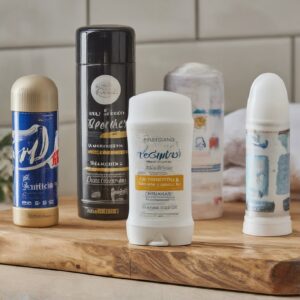 a bathroom counter with different types of deodorant and antiperspirant image created using Image FX (AI).