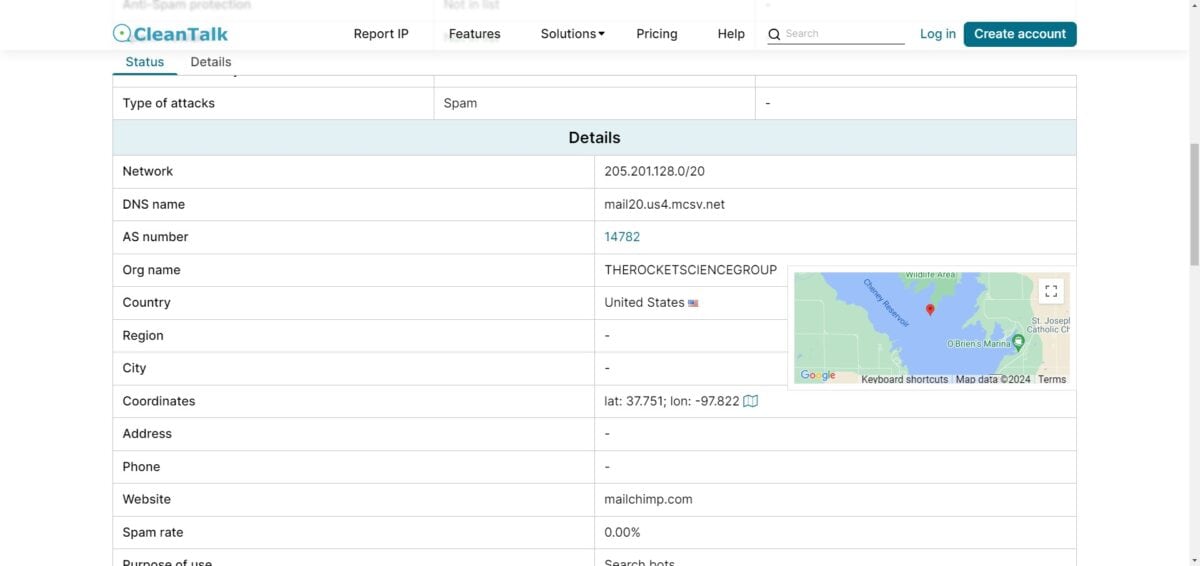 mailchimp ip info according ot clantalk ip checker.