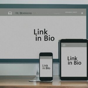 Computer , smartphone and tablet showing Link in Bio text on screens . Image created with Image FX (AI)