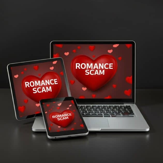 laptop, tablet, smartpone. romance scam, hearts.