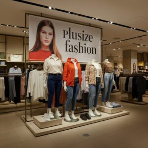 Pluse Size fashion banner showin created uing Imge FX AI Mannequin display in a retail setting.