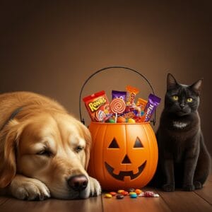 various Halloween candies with a pumpkin bucket with a dog and a cat. Image created using Image FX (AI).