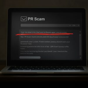 PR Scam banner, computer screen