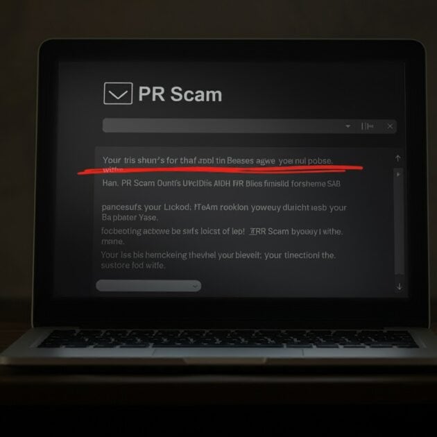 PR Scam banner, computer screen