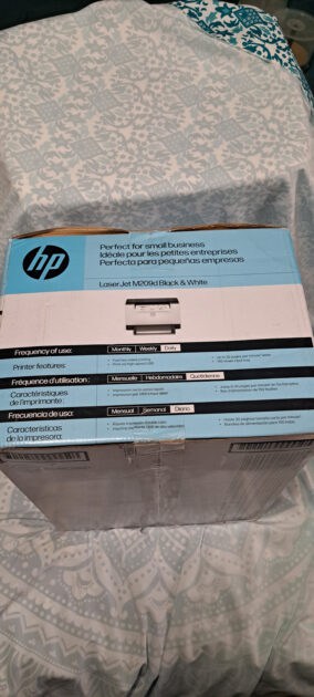 HP Laser Jet M209d printer box (info list).