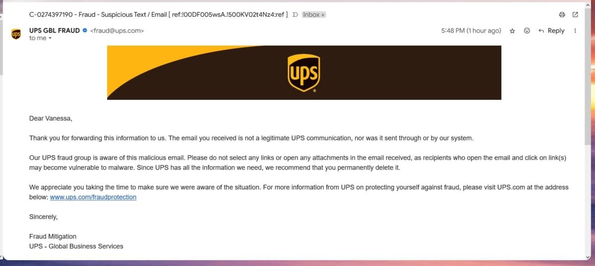 UPS Logo, fraud emial reply