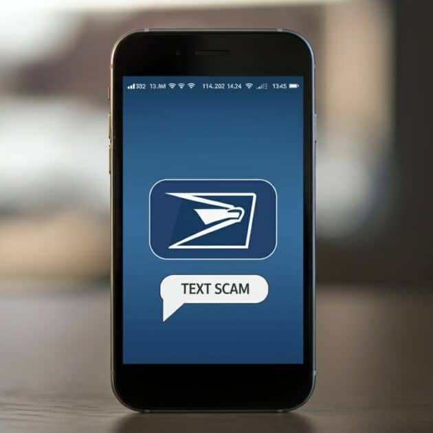 USPS logo, smart phone, text scam .