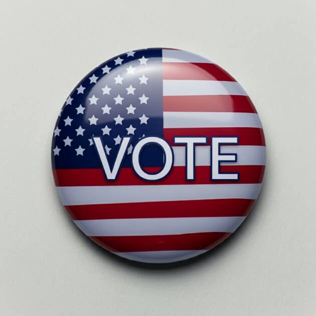 vote, AI, button. American flag desing with the text VOTE in the centnter.