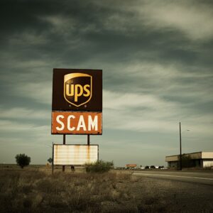 sign, Scam, UPS logo. AI image.