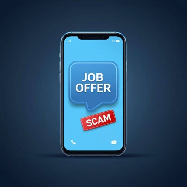 smart phone, job offer scam. text bubble. Image created with Image FS ai.