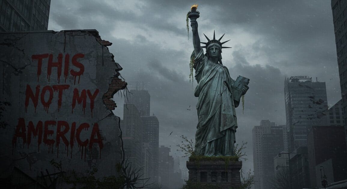 The Statue of Liberty with the text This is not my America to the side of it horror dramatic. image created with image fx AI.