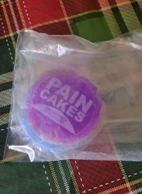 Pain cakes chilled in a bag. Purple and blue pain cakes.