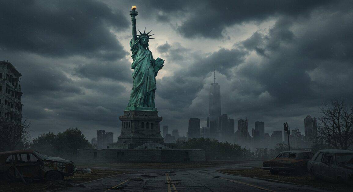 Statue of Liberty in a dystopian environment. Image created using Image FX AI.