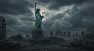 Statue of Liberty in a dystopian environment. Image created using Image FX AI.