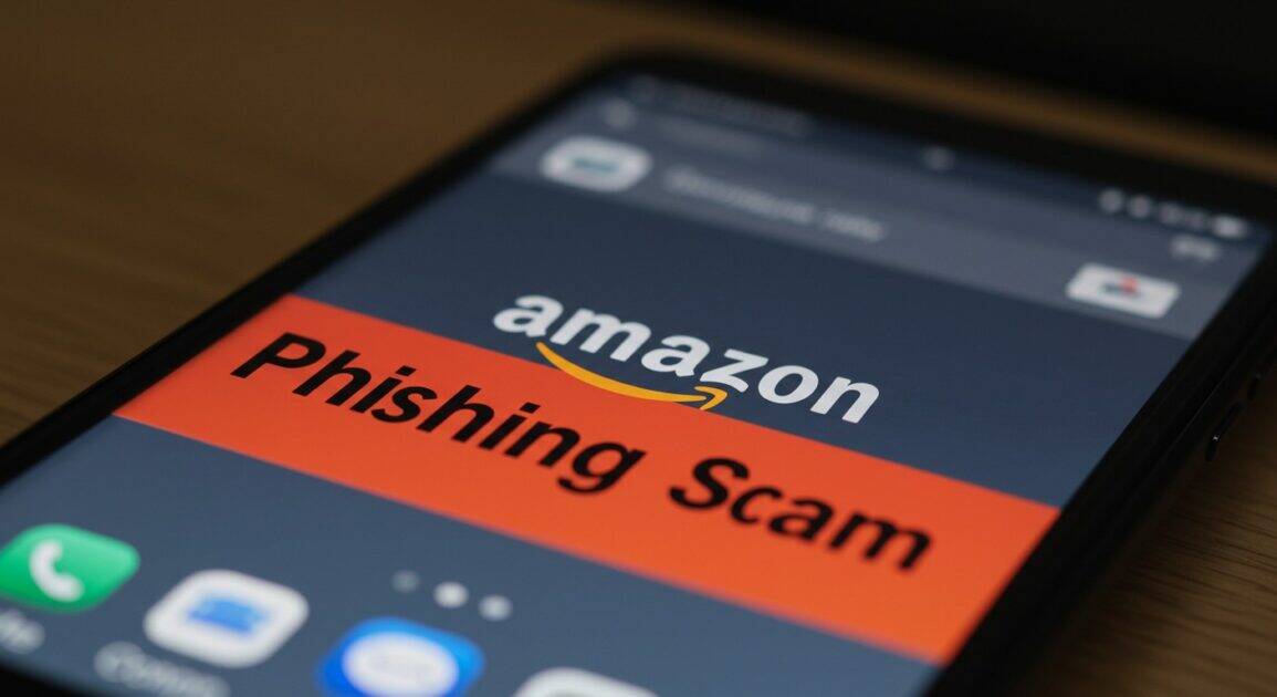 Amazon phishing scam banner. Image created using Image FX AI. A smartphone screen amazon logo, phishing scam.