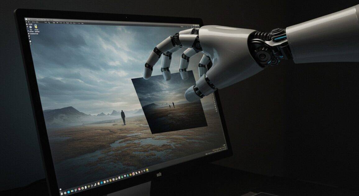 A robot hand taking an image off a computer screen. Image created using Image fX AI.