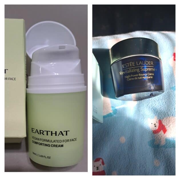 collage image created using pic joiner. IMage left earthat comfort cream . right image estee launder bounce cream. skincare.