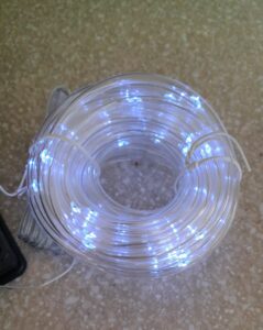 coiled white string lights. Brightown lights.