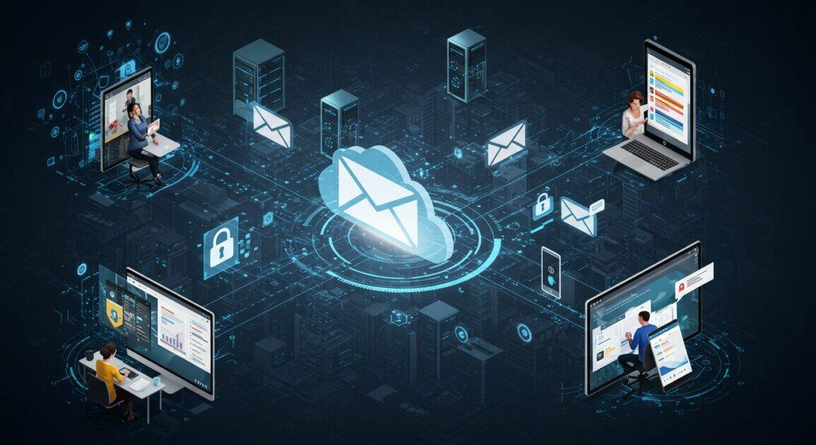 email services banner. image created using image fx. Email envelope surrounding by computer stations and smartphones.