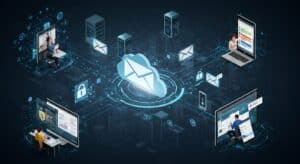 email services banner. image created using image fx. Email envelope surrounding by computer stations and smartphones.