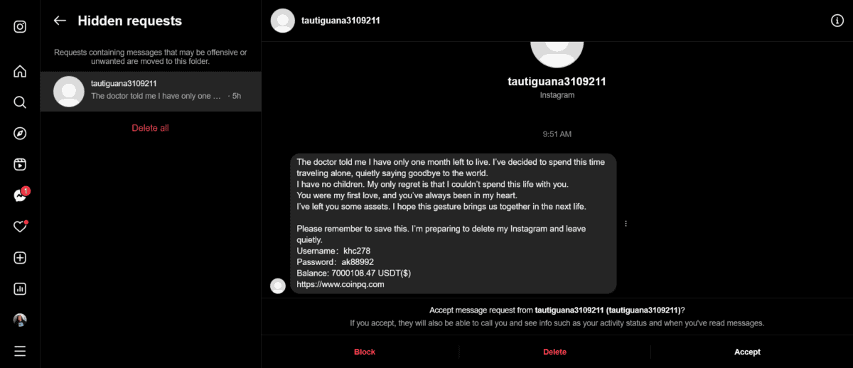 scam message IG 5/3/25. Scam claiming my long lost lover will leave me all their crypto money.