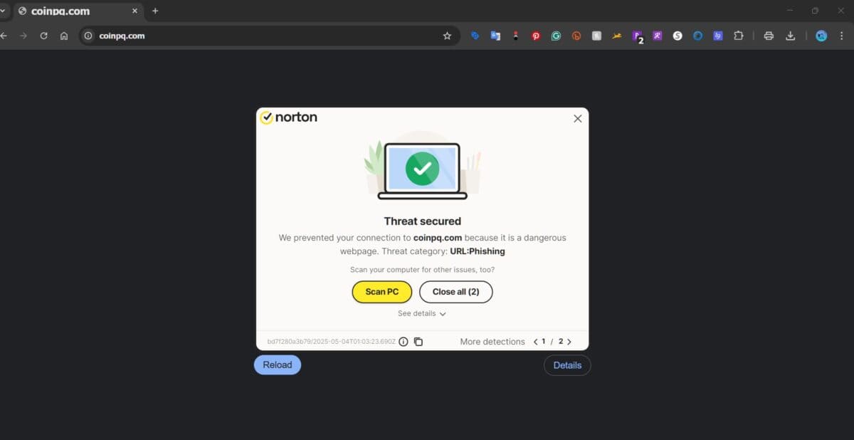 coinpq.com norton antivirus showed a supsected phishing notice.
