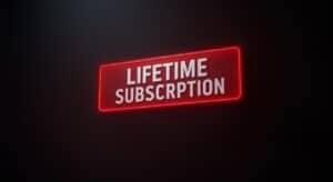 lifetime subscription banner. text lifetime subscription white letters on a red background with black.
