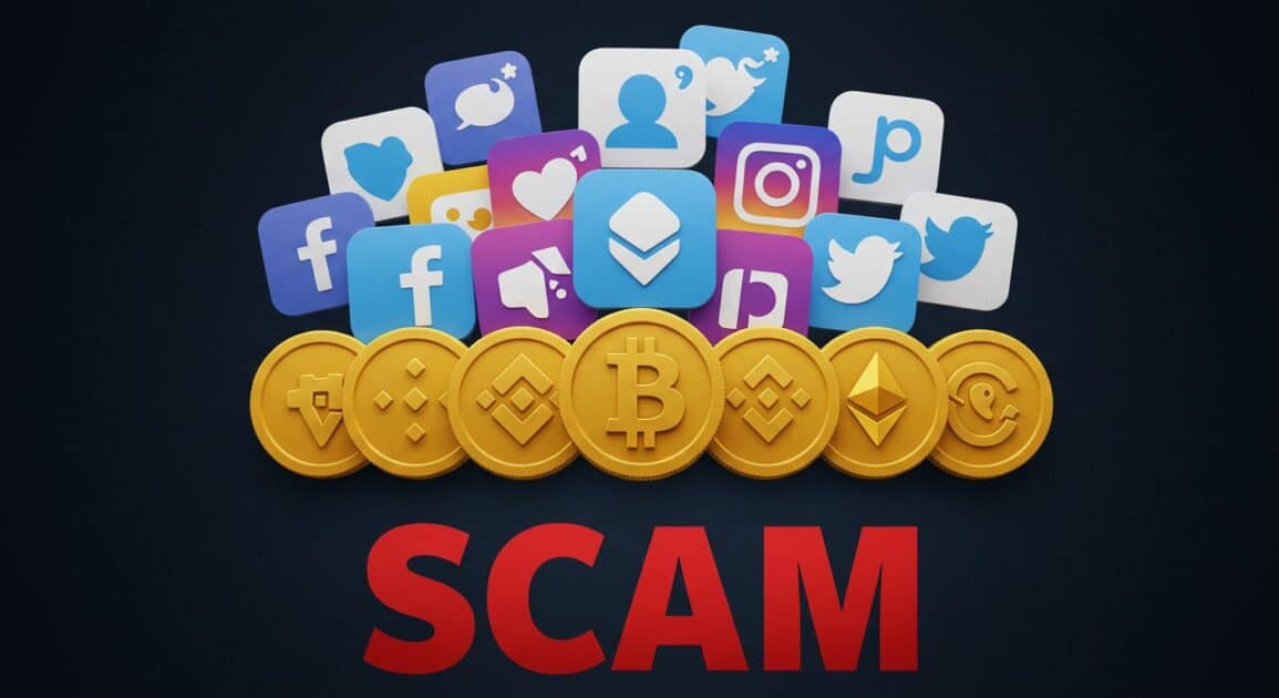 social media icons, cryptocurrency icons and Scam. Image created with Image FX AI.