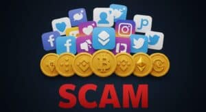 social media icons, cryptocurrency icons and Scam. Image created with Image FX AI.
