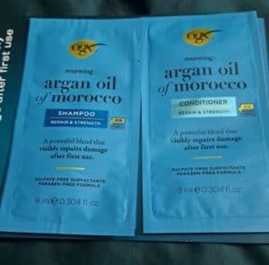 OGX argan oil of morocco renewing shampoo and conditioner sample packs.