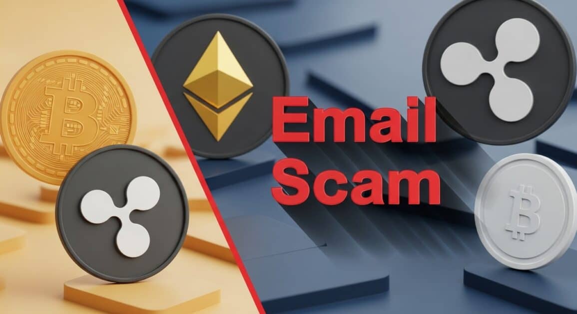 crypto currency icons with the text Email Scam in red letters. Image created using Whisk AI by Google.