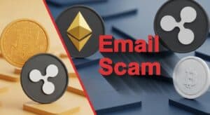 crypto currency icons with the text Email Scam in red letters. Image created using Whisk AI by Google.